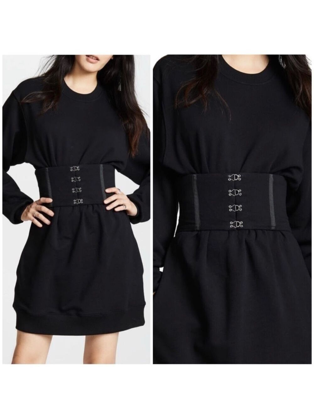 Jonathan Simkhai Crewneck Corset Waist Oversized Sweater Mini Dress in Black